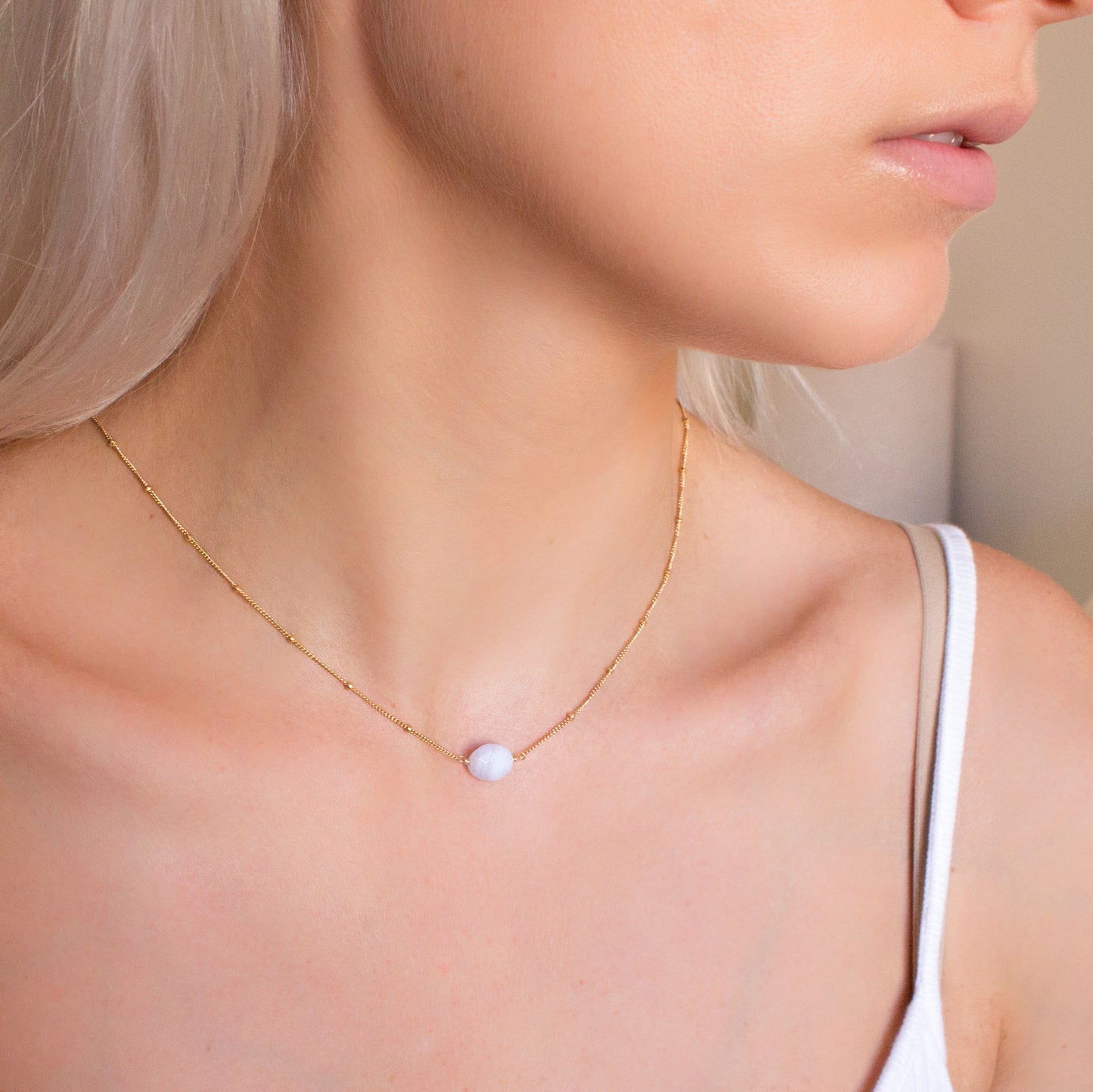 "Sweet Disposition” Reversible Lariat – Gold-Filled Necklace with Calming Blue Lace Agate