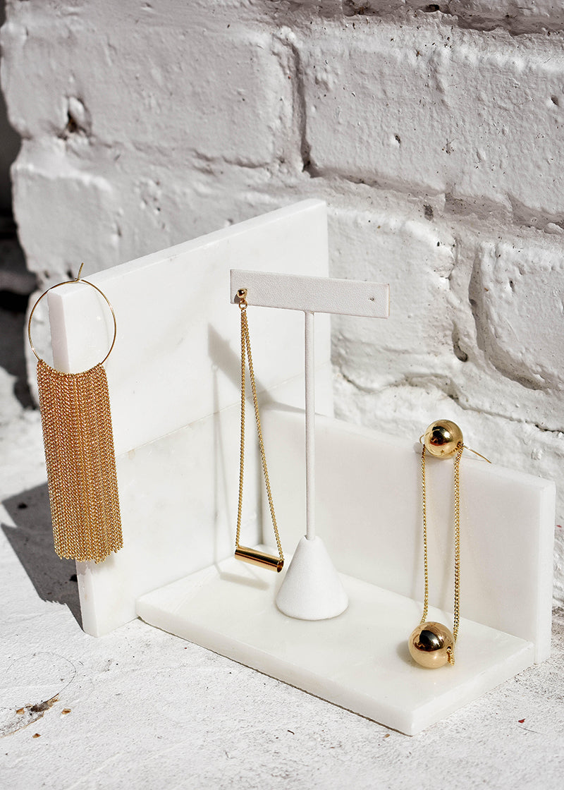 “Tahitian Moon” Statement Earrings – Gold Chain Drop Earrings Featured in Elle & L’Officiel | Miami Swim Week® Runway Jewelry